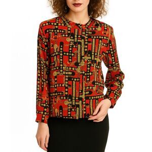 Vintage Jordan Red Gold Black Chain and Belt Print Long Sleeve Blouse Size 14